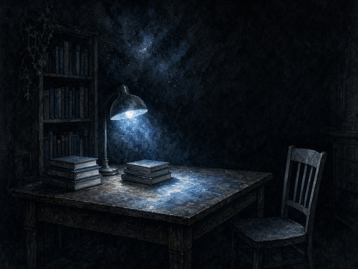 A quiet archive desk under cool starlight, no cameras.