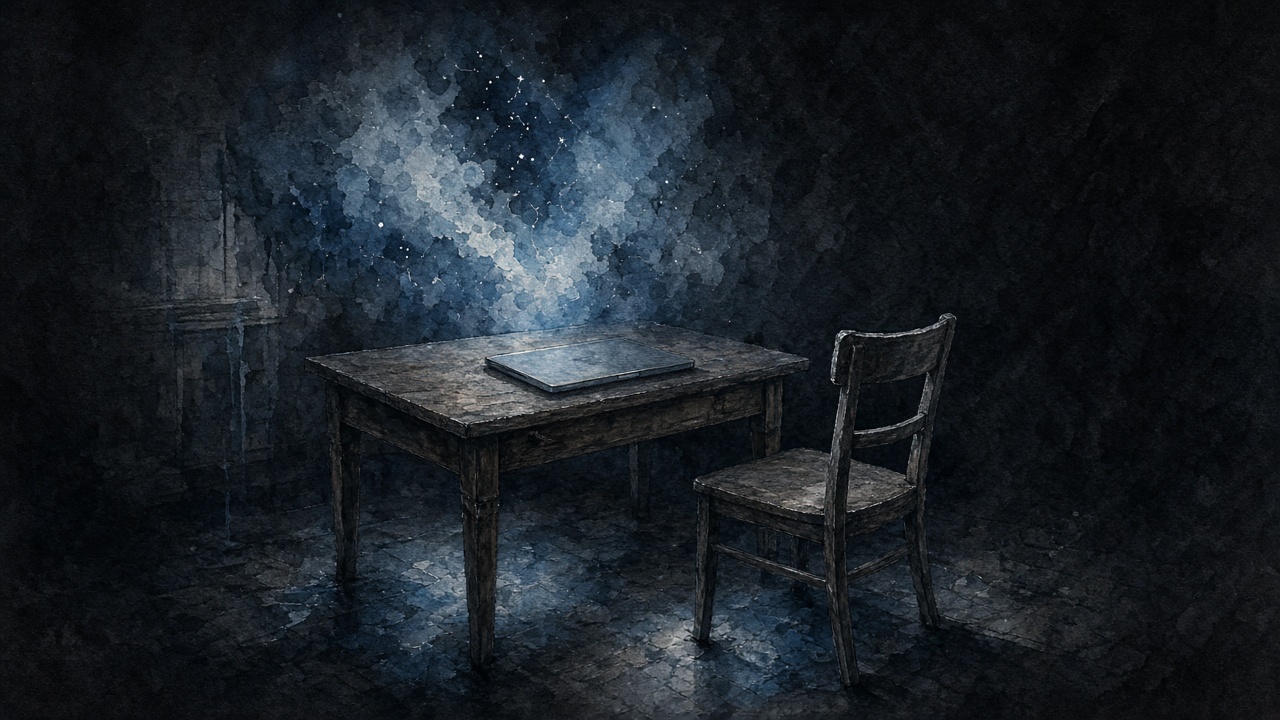 An empty desk in a dark room, lit by a residual blue-silver afterglow.