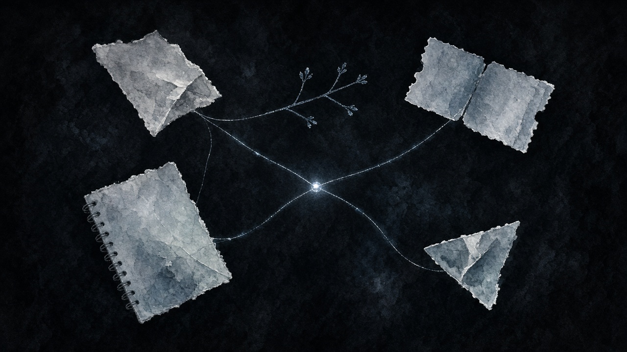 Scattered papers joined by thin silver-blue threads into a small constellation.